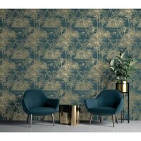 Behang Tropical donkerblauw en goudkleurig