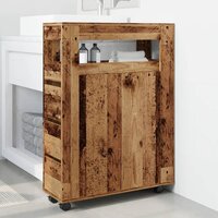 Badkamerkast smal met wielen bewerkt hout oud houtkleurig