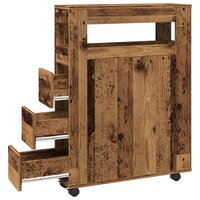 Badkamerkast smal met wielen bewerkt hout oud houtkleurig