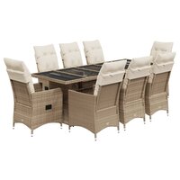 9-delige Bistroset met kussens poly rattan beige