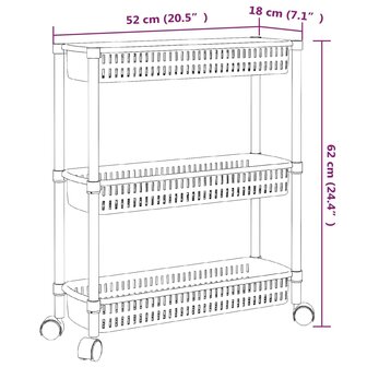 Opbergtrolley 3 laags aluminium zilverkleurig en wit