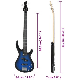 Basgitaar voor beginners elektrisch met tas 4/4 46&amp;quot; blauw zwart