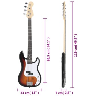 Basgitaar voor beginners elektrisch met tas 4/4 46&amp;quot; bruin wit