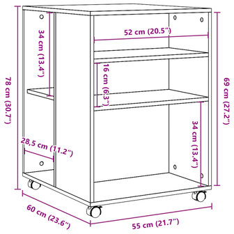 Bijzettafel met wieltjes 55x60x78 bewerkt hout wit