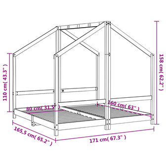 Kinderbedframe 2x(80x160) cm massief grenenhout zwart