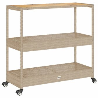 Keukentrolley 3-laags poly rattan en massief acaciahout beige