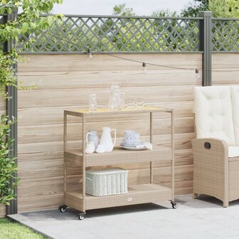 Keukentrolley 3-laags poly rattan en massief acaciahout beige