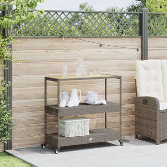 Keukentrolley 3-laags poly rattan en massief acaciahout grijs