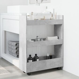 Opbergtrolley smal 3-laags bewerkt hout betongrijs