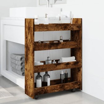 Opbergtrolley smal 4-laags bewerkt hout gerookt eikenkleurig