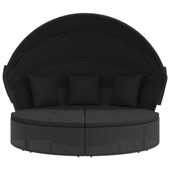 Loungebed met luifel en kussens poly rattan zwart