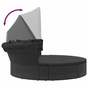 Loungebed met luifel en kussens poly rattan zwart