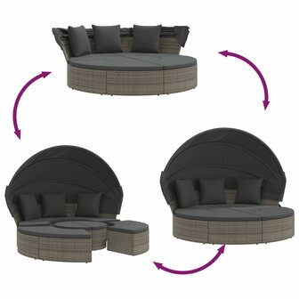 Loungebed met luifel en kussens poly rattan grijs