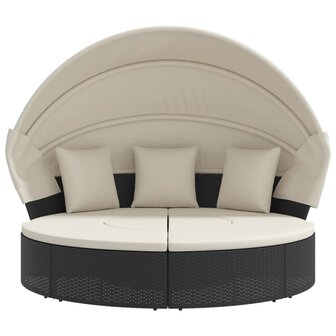 Loungebed met luifel en kussens poly rattan zwart