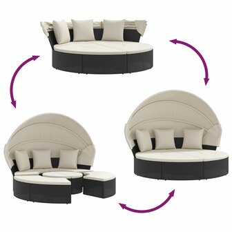 Loungebed met luifel en kussens poly rattan zwart