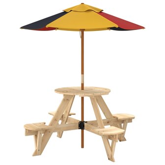 Picknicktafel voor 4 kinderen met parasol rond vurenhout