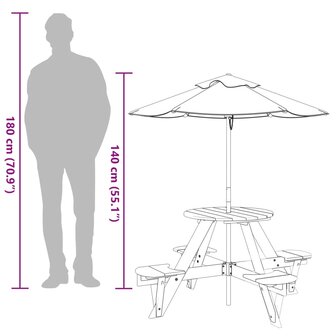 Picknicktafel voor 4 kinderen met parasol rond vurenhout