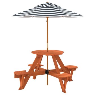 Picknicktafel voor 4 kinderen met parasol rond vurenhout