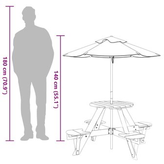 Picknicktafel voor 4 kinderen met parasol rond vurenhout