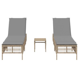 Ligstoelen 2 st met tafel poly rattan beige
