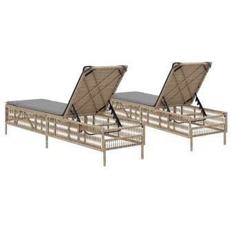 Ligstoelen 2 st met kussens poly rattan beige