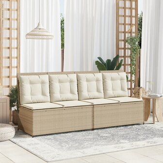 Tuinbankje verstelbaar met kussens poly rattan beige