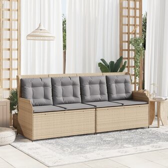 Tuinbankje verstelbaar met kussens poly rattan beige