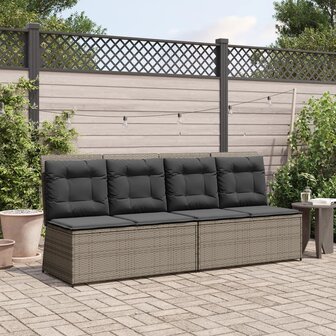 Tuinbankje verstelbaar met kussens poly rattan grijs
