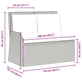 Tuinbankje verstelbaar met kussens poly rattan beige