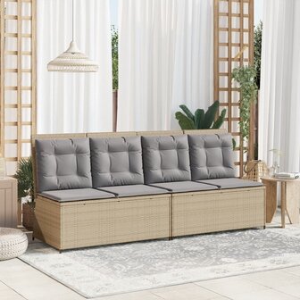 Tuinbankje verstelbaar met kussens poly rattan beige