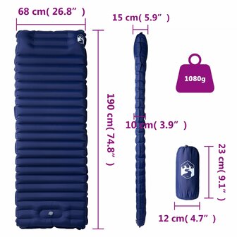 Kampeermatras met kussen zelfopblazend 1-persoons marineblauw