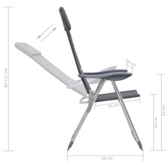 Campingstoelen 58x69x111 cm aluminium grijs 2 st