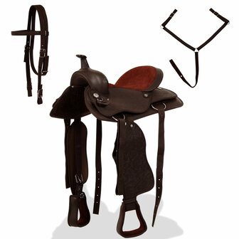 Western zadel, hoofdstel en borstriem 16&amp;quot; echt leer bruin