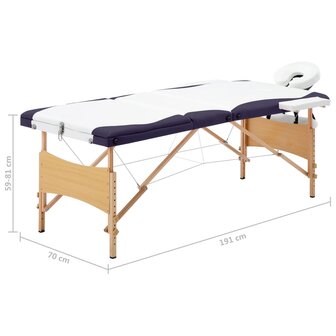 Massagetafel inklapbaar 3 zones hout wit en paars