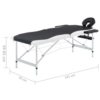 Massagetafel inklapbaar 2 zones aluminium zwart en wit