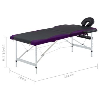 Massagetafel inklapbaar 2 zones aluminium zwart en paars