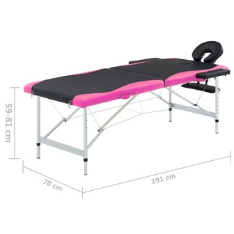 Massagetafel inklapbaar 2 zones aluminium zwart en roze