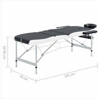Massagetafel inklapbaar 3 zones aluminium zwart en wit