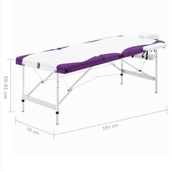Massagetafel inklapbaar 3 zones aluminium wit en paars
