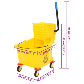 Dweilemmer met wringer en wielen 36 L polypropeen geel