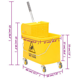 Dweilemmer met wringer en wielen 20 L polypropeen geel