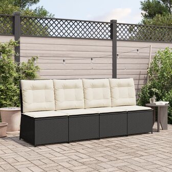 Tuinbank verstelbaar met kussens poly rattan zwart