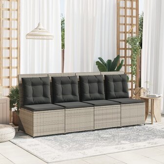 Tuinbank verstelbaar met kussens poly rattan lichtgrijs