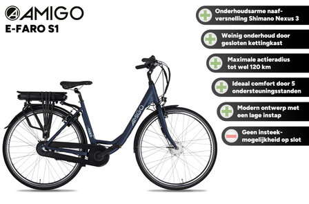 Amigo E-Faro S1 Dames 3V V-Brakes matblauw 49 cm 28 inch matblauw 49 cm 28 inch