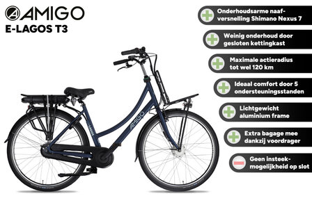 Amigo E-Lagos T3 Dames 7V Rollerbrake matblauw 50 cm 28 inch matblauw 50 cm 28 inch