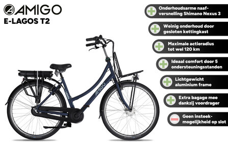 Amigo E-Lagos T2 Dames 3V V-Brakes matblauw 50 cm 28 inch matblauw 50 cm 28 inch