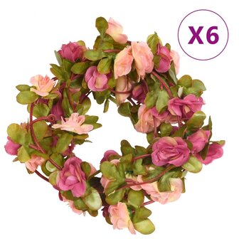 Kerstslingers met bloemen 6 st 250 cm rozerood