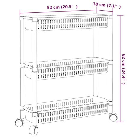 Opbergtrolley 3 laags aluminium zilverkleurig en wit