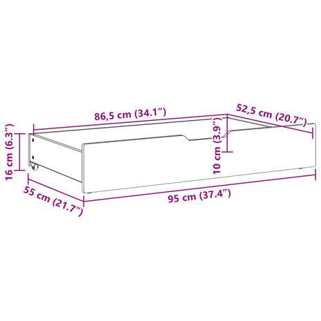 Bedlades 2 st met wieltjes 95x55x16 cm massief grenenhout