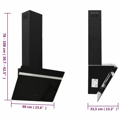 Wandafzuigkap 60 cm staal en gehard glas zwart